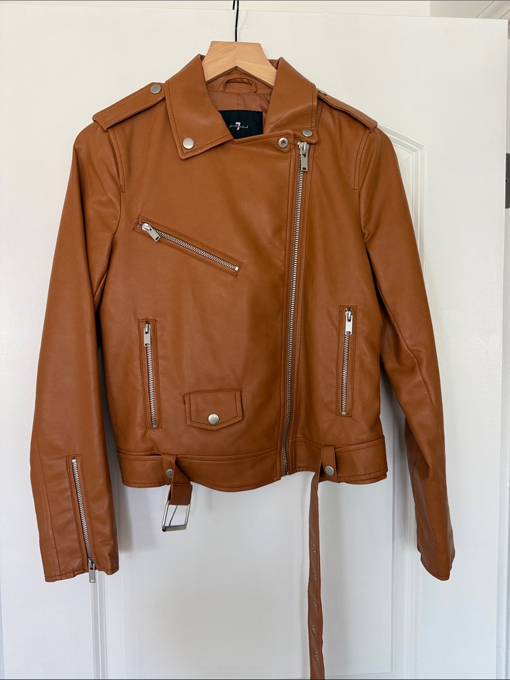 7 For All Mankind Tan Leather Moto Jacket